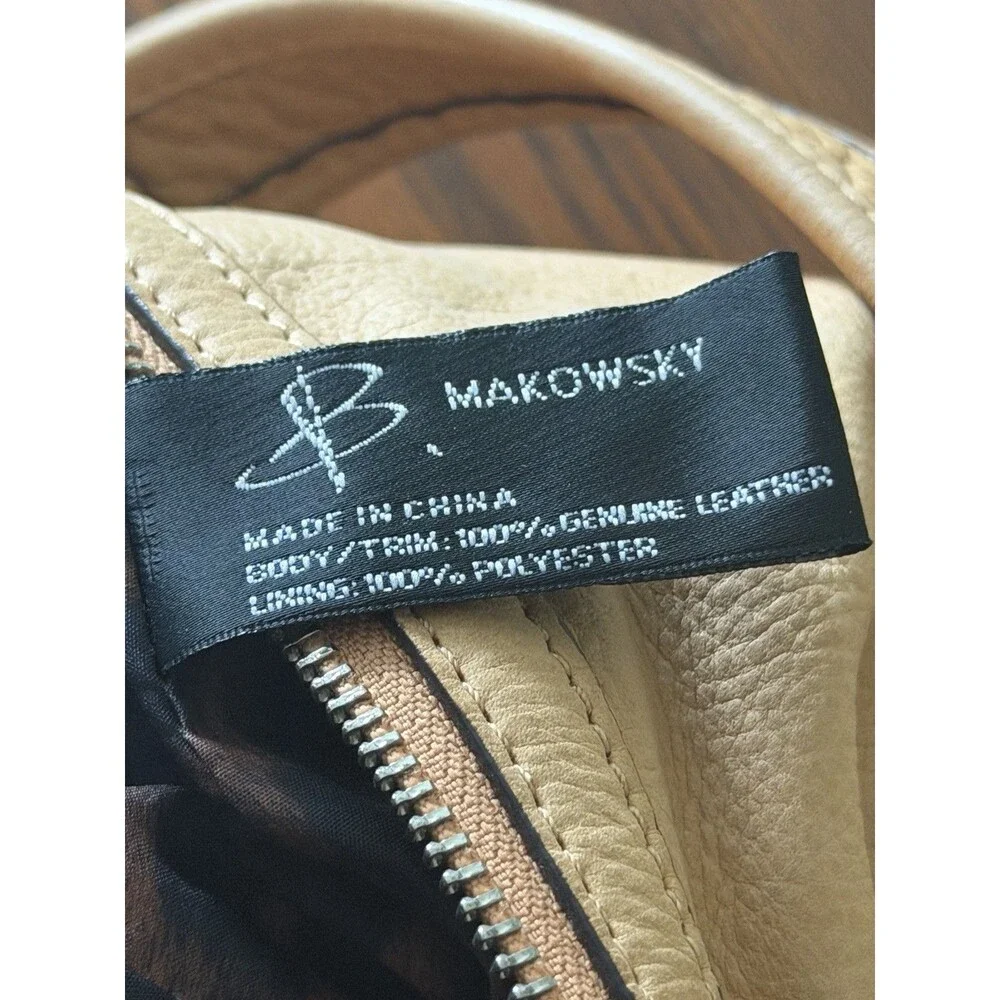 B. Makowsky Tan Leather Hobo Bag Multi-Pocket Cargo Style Silver Hardware